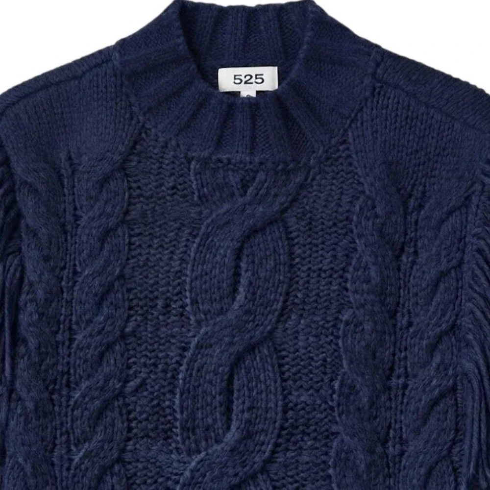 525 America Women Navy Blue Fringe Cable Knit Sweater Small Boho Statement